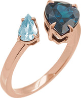 14K Gold Pear Natural London Blue Topaz & Natural Sky Blue Topaz Negative Space Ring - Rose Gold