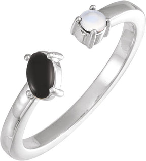 14K Gold Oval Natural Black Onyx & Natural Blue Sheen Moonstone Two-Stone Negative Space Ring - White Gold