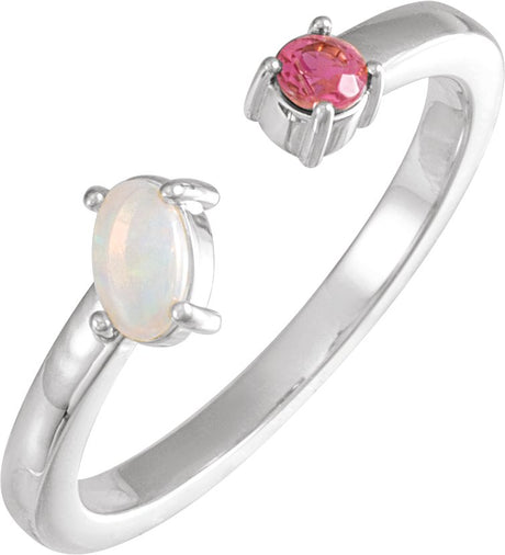 14K Gold Oval Natural White Opal & Natural Pink Tourmaline Two-Stone Negative Space Ring - White Gold