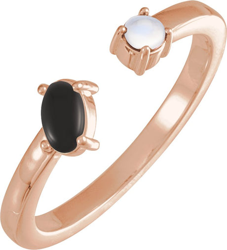 14K Gold Oval Natural Black Onyx & Natural Blue Sheen Moonstone Two-Stone Negative Space Ring - Rose Gold
