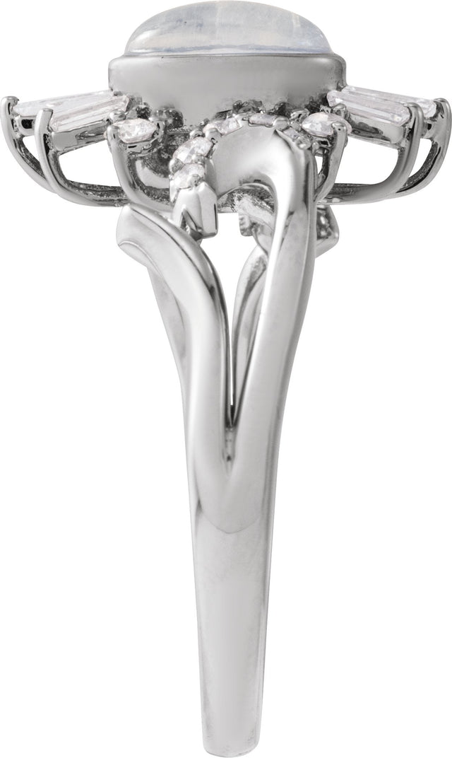 14K Gold Oval Natural Rainbow Moonstone & Natural Diamond Halo-Style Ring - White Gold - view 3