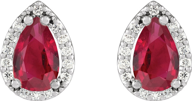 14K Gold Lab-Grown Ruby Pear 4-Prong Halo-Style Low Stud Earring - White Gold - view 6