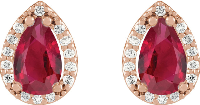 14K Gold Lab-Grown Ruby Pear 4-Prong Halo-Style Low Stud Earring - Rose Gold - view 6