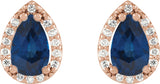 14K Gold Lab-Grown Blue Sapphire Pear 4-Prong Halo-Style Low Stud Earring - Rose Gold - view 6