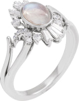 14K Gold Oval Natural Rainbow Moonstone & Natural Diamond Halo-Style Ring - White Gold