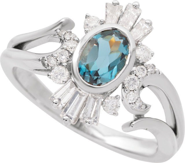 14K Gold Oval Natural London Blue Topaz & Natural Diamond Halo-Style Ring - White Gold - view 4