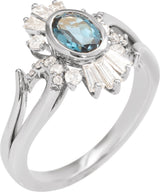 14K Gold Oval Natural London Blue Topaz & Natural Diamond Halo-Style Ring - White Gold