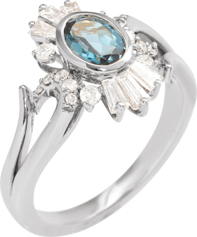 14K Gold Oval Natural London Blue Topaz & Natural Diamond Halo-Style Ring - White Gold