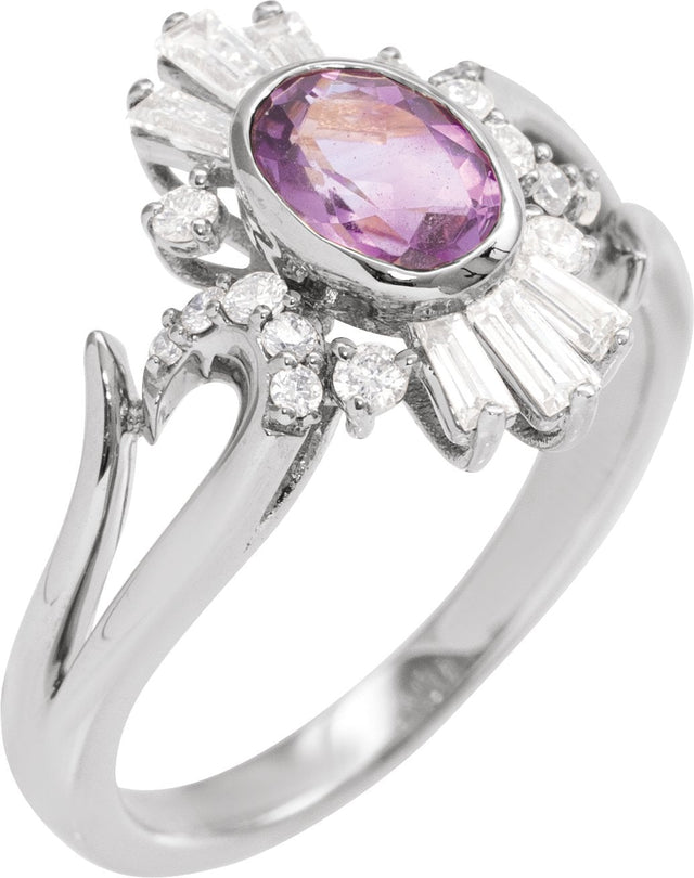 14K Gold Oval Natural Amethyst & Natural Diamond Halo-Style Ring - White Gold