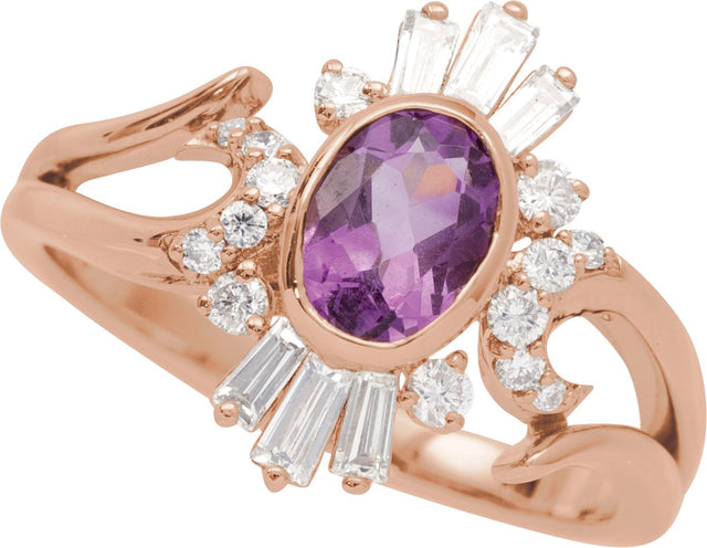 14K Gold Oval Natural Amethyst & Natural Diamond Halo-Style Ring - Rose Gold - view 4