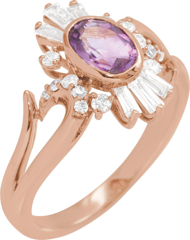 14K Gold Oval Natural Amethyst & Natural Diamond Halo-Style Ring - Rose Gold