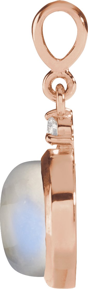 14K Gold Oval Natural Rainbow Moonstone & Natural Diamond Cabochon Bezel-Set Necklace or Pendant - Rose Gold - view 4