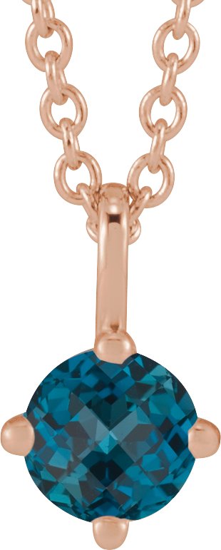 14K Gold Round Natural London Blue Topaz Solitaire Necklace or Pendant II - Rose Gold