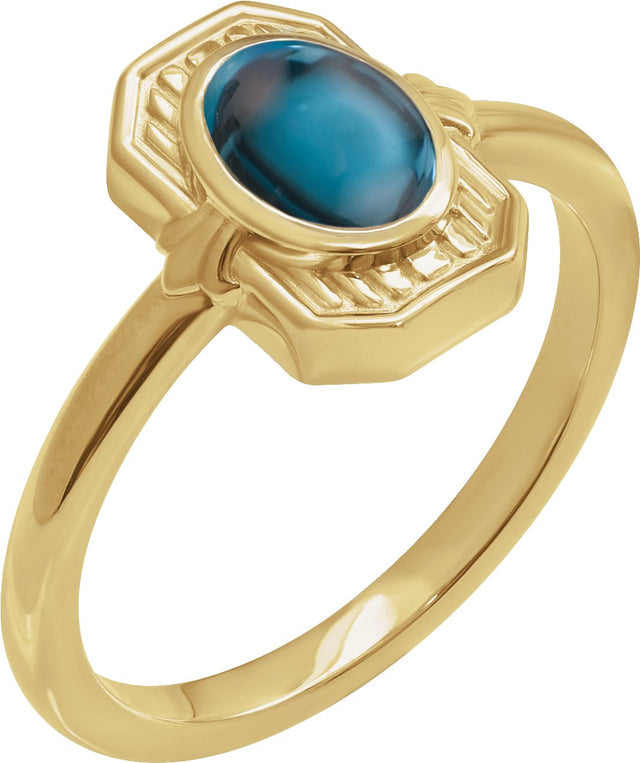 14K Gold Oval Natural London Blue Topaz Cabochon Ring - Yellow Gold