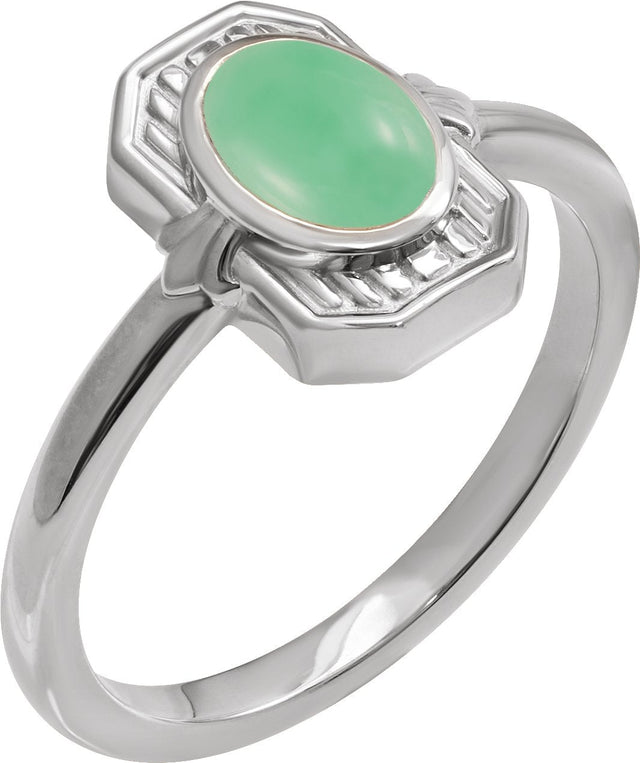 Platinum Oval Natural Green Chrysoprase Cabochon Ring