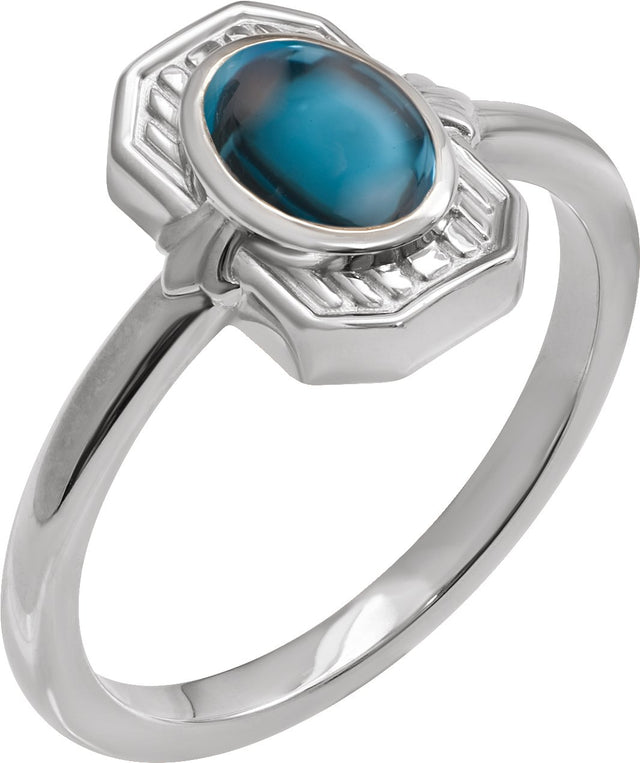 Platinum Oval Natural London Blue Topaz Cabochon Ring