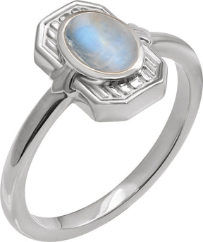 Platinum Oval Natural Rainbow Moonstone Cabochon Ring – 7x5mm