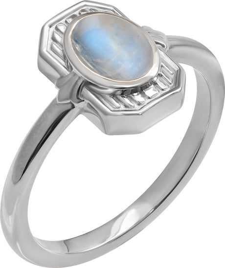 Platinum Oval Natural Rainbow Moonstone Cabochon Ring – 7x5mm