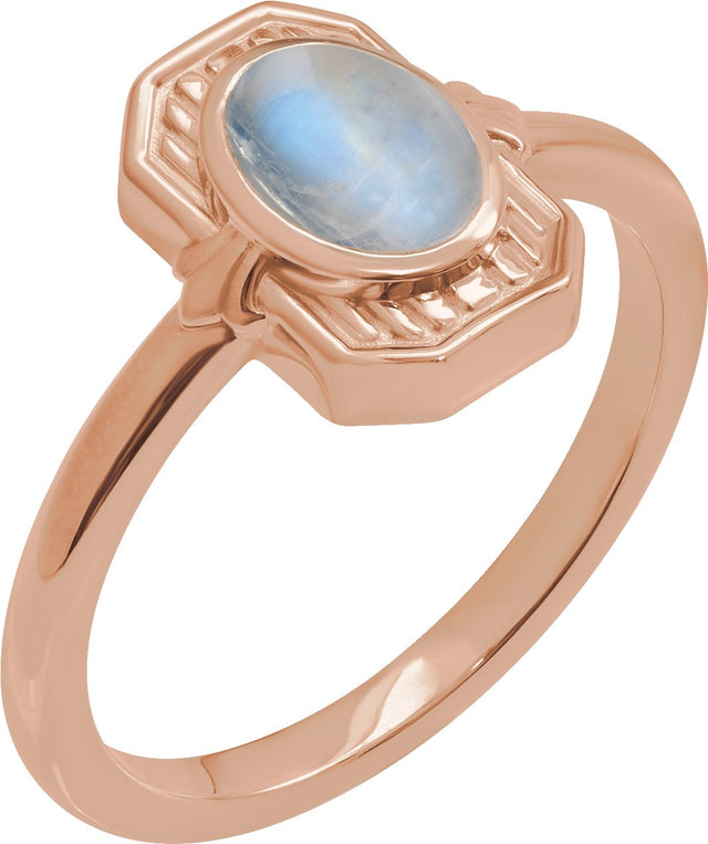 14K Gold Oval Natural Rainbow Moonstone Cabochon Ring – 7x5mm - Rose Gold