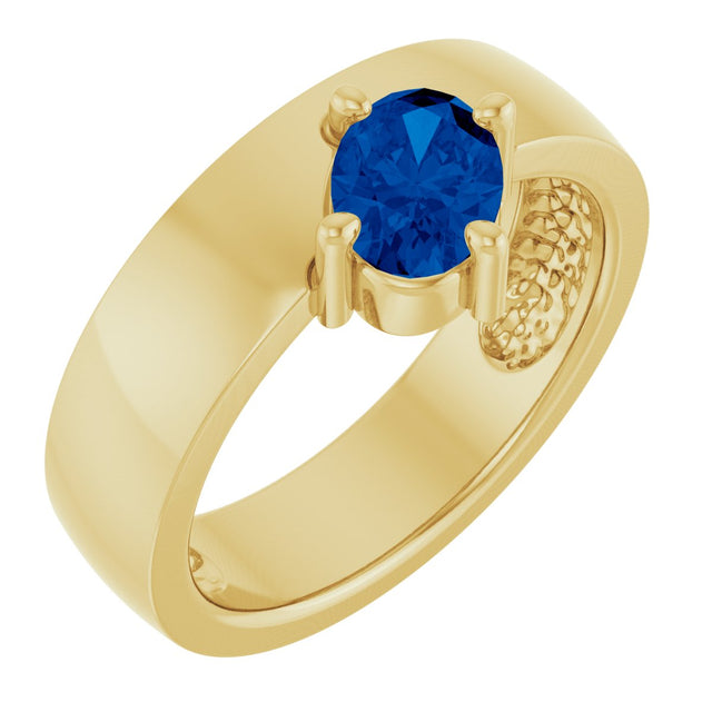 14K Gold Emerald Lab-Grown Blue Sapphire Asymmetric Solitaire Ring - Yellow Gold