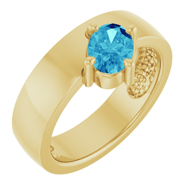14K Gold Oval Natural Blue Zircon Asymmetric Solitaire Ring - Yellow Gold
