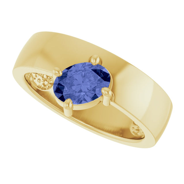 14K Gold Oval Natural Tanzanite Asymmetric Solitaire Ring - Yellow Gold