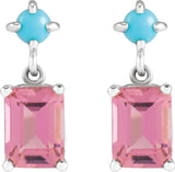 14K Gold Emerald Natural Pink Tourmaline & Natural Turquoise Accented Earrings - White Gold - view 2