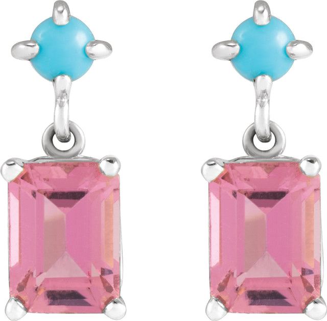 14K Gold Emerald Natural Pink Tourmaline & Natural Turquoise Accented Earrings - White Gold - view 2
