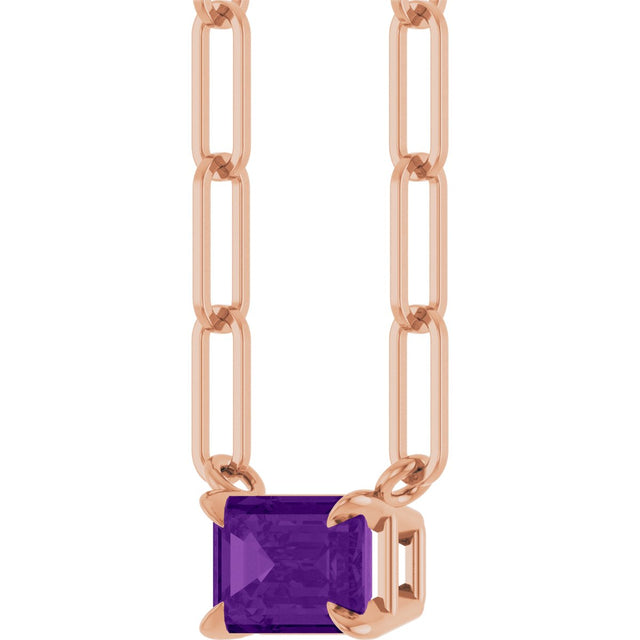 14K Gold Emerald Natural Amethyst Solitaire Necklace - Rose Gold - view 6