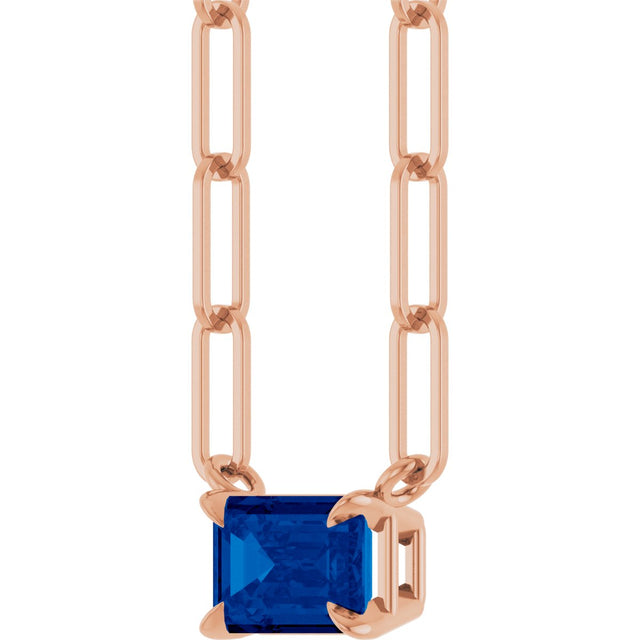 14K Gold Emerald Natural Blue Sapphire Solitaire Necklace - Rose Gold - view 6