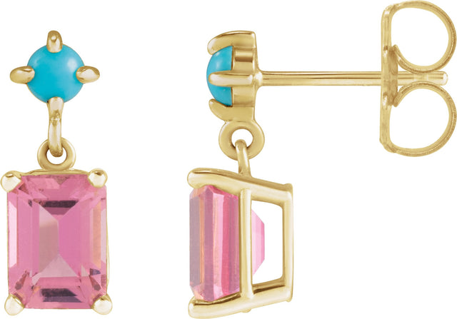 14K Gold Emerald Natural Pink Tourmaline & Natural Turquoise Accented Earrings - Yellow Gold