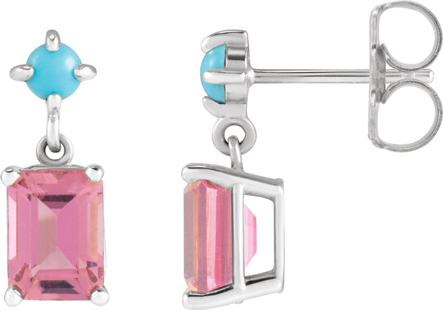 Platinum Emerald Natural Pink Tourmaline & Natural Turquoise Accented Earrings