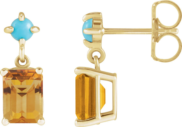 14K Gold Emerald Natural Citrine & Natural Turquoise Accented Earrings - Yellow Gold