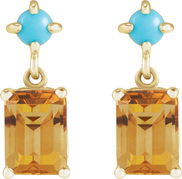 14K Gold Emerald Natural Citrine & Natural Turquoise Accented Earrings - Yellow Gold - view 2