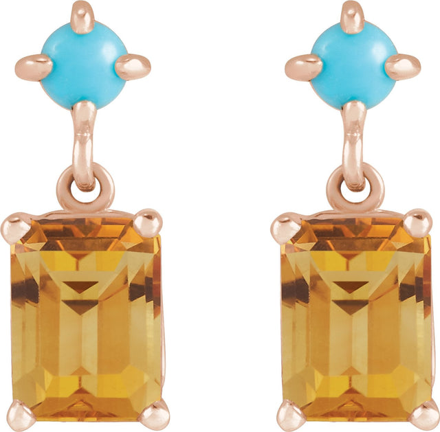 14K Gold Emerald Natural Citrine & Natural Turquoise Accented Earrings - Rose Gold - view 2