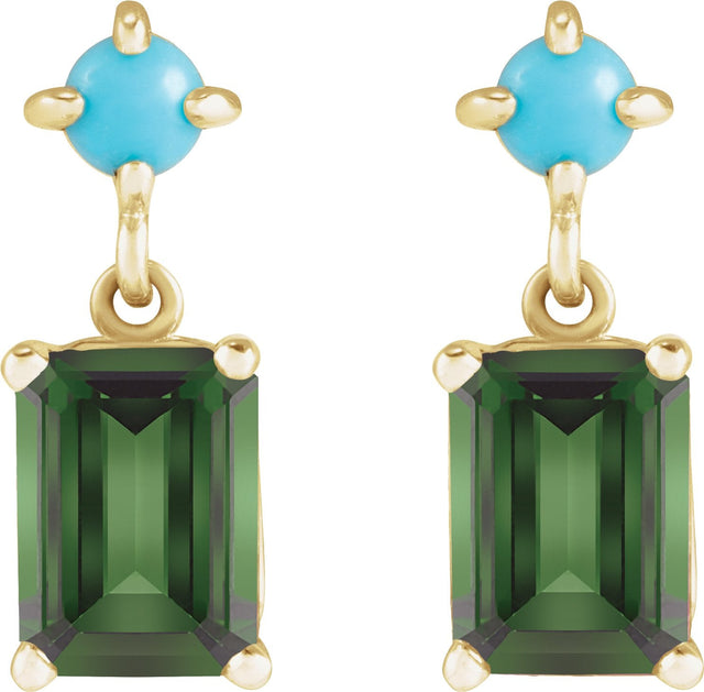 14K Gold Emerald Natural Green Tourmaline & Natural Turquoise Accented Earrings - Yellow Gold - view 2