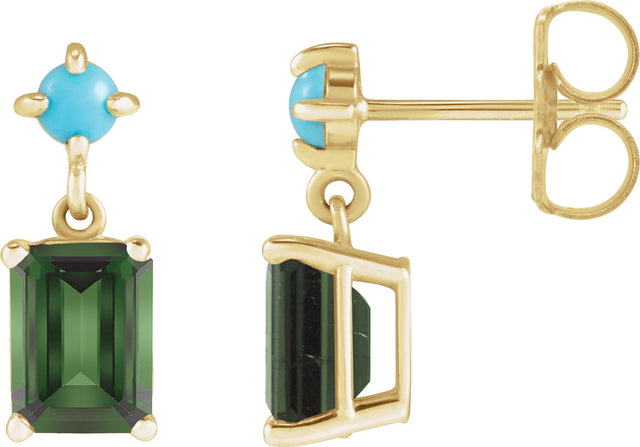 14K Gold Emerald Natural Green Tourmaline & Natural Turquoise Accented Earrings - Yellow Gold