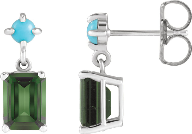 Platinum Emerald Natural Green Tourmaline & Natural Turquoise Accented Earrings