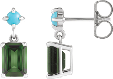 14K Gold Emerald Natural Green Tourmaline & Natural Turquoise Accented Earrings - White Gold