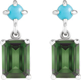 14K Gold Emerald Natural Green Tourmaline & Natural Turquoise Accented Earrings - White Gold - view 2