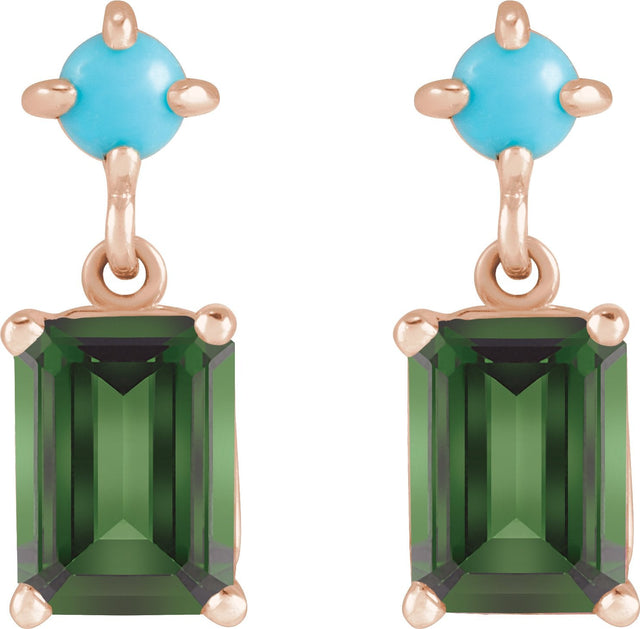 14K Gold Emerald Natural Green Tourmaline & Natural Turquoise Accented Earrings - Rose Gold - view 2
