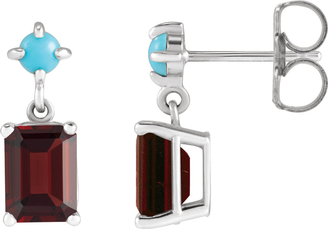 14K Gold Emerald Natural Mozambique Garnet & Natural Turquoise Accented Earrings - White Gold