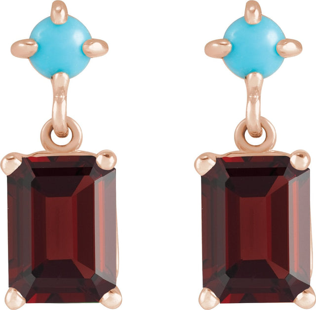14K Gold Emerald Natural Mozambique Garnet & Natural Turquoise Accented Earrings - Rose Gold - view 2