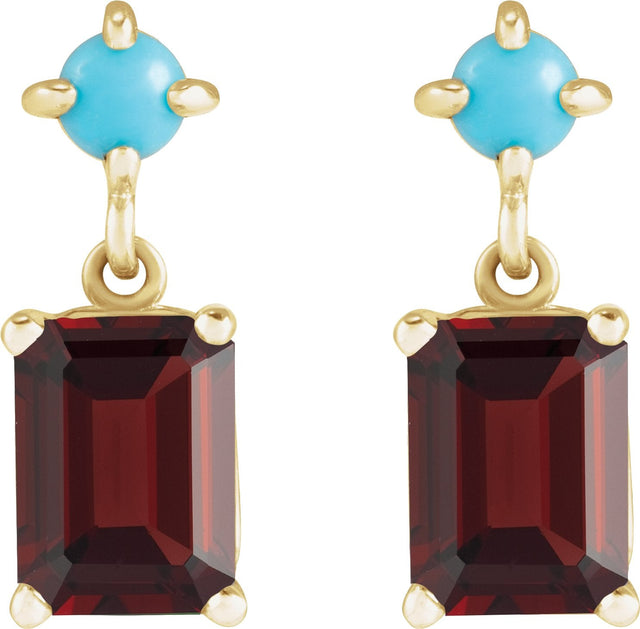14K Gold Emerald Natural Mozambique Garnet & Natural Turquoise Accented Earrings - Yellow Gold - view 2
