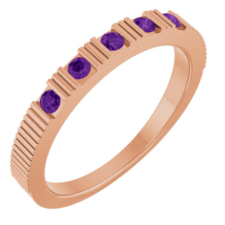 14K Gold Round Natural Amethyst Birthstone Stackable Ring – 2mm Stones - Rose Gold