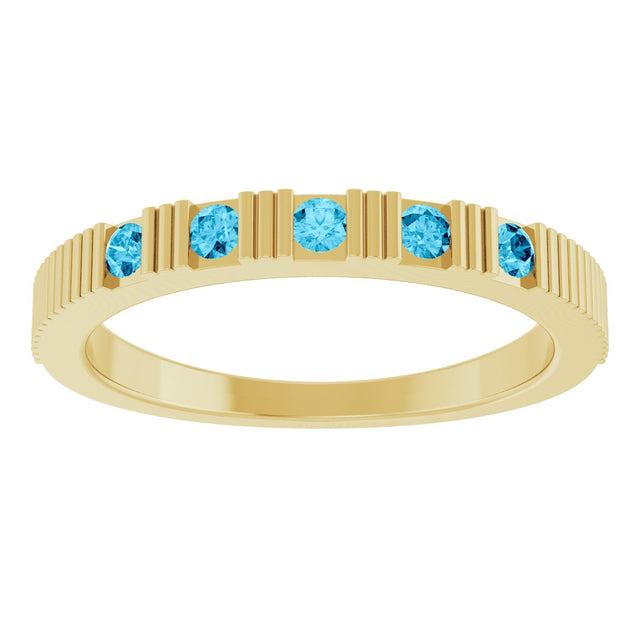 14K Gold Round Natural Aquamarine Birthstone Stackable Ring – 2mm Stones - Yellow Gold - view 3