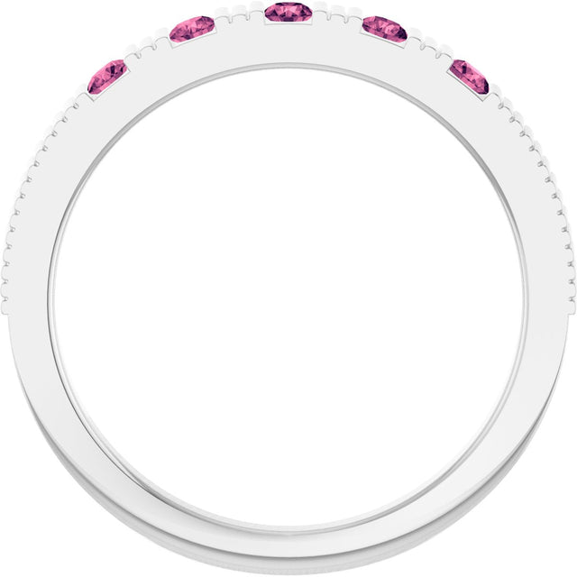 Platinum Round Natural Pink Tourmaline Birthstone Stackable Ring - view 2