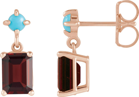 14K Gold Emerald Natural Mozambique Garnet & Natural Turquoise Accented Earrings - Rose Gold