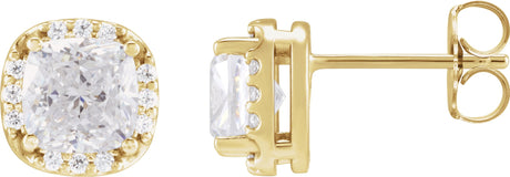 14K Gold Lab-Grown Moissanite & Natural Diamond Cushion Halo-Style Stud Earrings - Yellow Gold