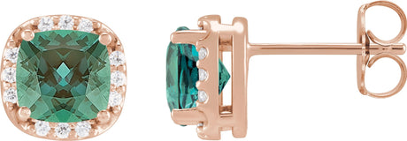 14K Gold Lab-Grown Alexandrite & Natural Diamond Cushion Halo-Style Stud Earrings - Rose Gold
